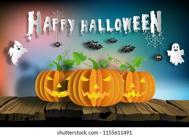 Paper art style of pumpkins on wood at night with ghost and bats on background, Halloween concept.