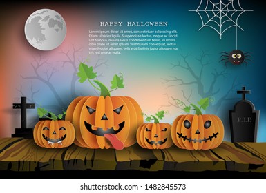 Paper art style of pumpkins on wood, spooky night background, Halloween concept.