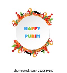 Paper art style of Purim carnival. A white circle with colorful of happy Purim with hat, crown, fancy mask, David star for greeting card, banner, website. Jewish holiday.