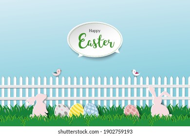 Paper art style with rabbit and easter egg on grass,for Easter holiday,celebrate party,invitation,greeting card or poster,vector illustration