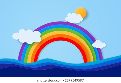 Paper art style of rainbow over the ocean with clouds and sun, vector and illustration.