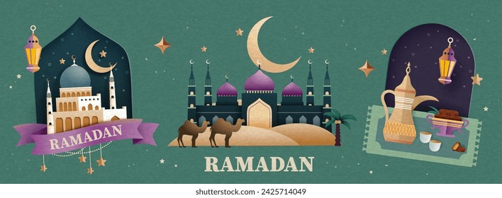 Paper art style Ramadan elements with mosque scenery and festive decors isolated on teal background