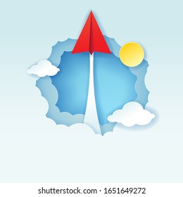 Paper art style of red paper airplane flying to the sky through the clouds, Start up business concept, Vector illustration