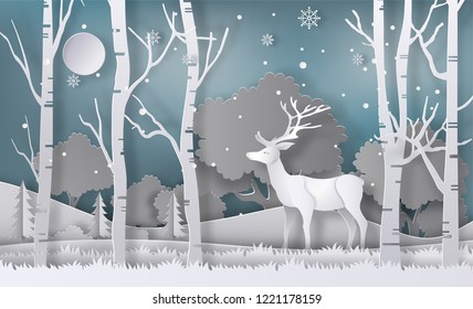 Paper art style of a reindeer standing in the forest during winter, many trees and snow background, flat-style vector illustration.