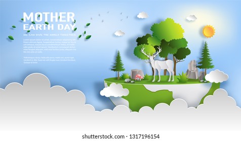 Paper art style of a reindeer standing in a forest with many trees, world environment and earth day concept, flat-style vector illustration.