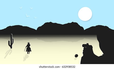 Paper art style. Riding a cowboy on a horse in the distance, on a gunsmith's sight. World of the wild west, cactus, scorching sun, and birds in the sky.