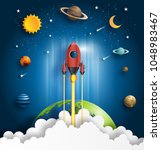 Paper art style of rocket flying over the earth, start up concept, flat-style vector illustration.