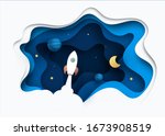 Paper art style of rocket flying in space, start up concept, flat-style vector illustration.