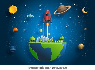 Paper art style of rocket flying over the earth, start up concept, flat-style vector illustration.