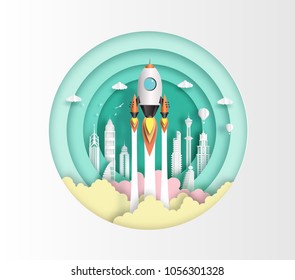 Paper art style of rocket flying over modern city, start up business concept, flat-style vector illustration.