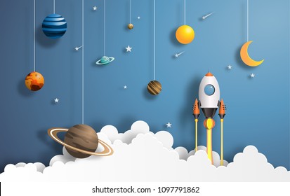 Paper Art Style Of Rocket Flying In Space, Start Up Concept, Flat-style Vector Illustration.