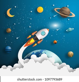 Paper art style of rocket flying over the earth, start up concept, flat-style vector illustration.