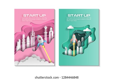 Paper art style of rocket flying over modern city, start up business concept, paper cut and craft style, flat-style vector illustration.