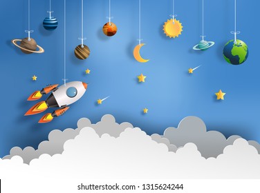 Paper art style of rocket flying in space, start up concept, flat-style vector illustration.