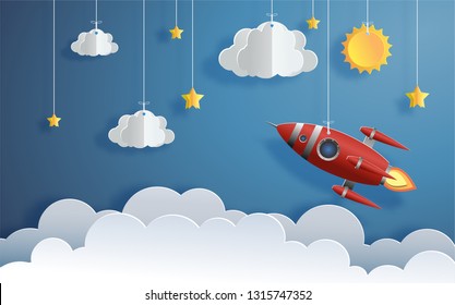 Paper art style of rocket flying in space, start up concept, flat-style vector illustration.
