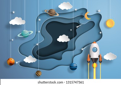 Paper art style of rocket flying in space, start up concept, flat-style vector illustration.