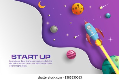 Paper art style of rocket flying in space, start up concept, design banner template, flat-style vector illustration.