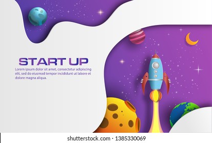 Paper art style of rocket flying in space, start up concept, design banner template, flat-style vector illustration.
