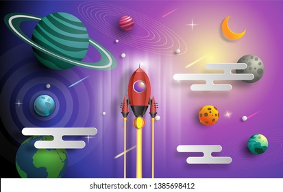 Paper art style of rocket flying in space, start up concept, design banner template, flat-style vector illustration.