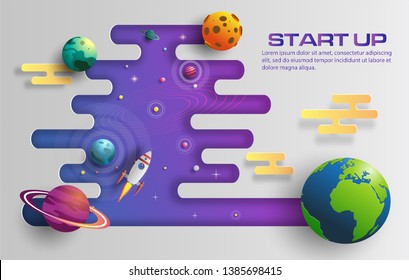 Paper art style of rocket flying in space, start up concept, design banner template, flat-style vector illustration.