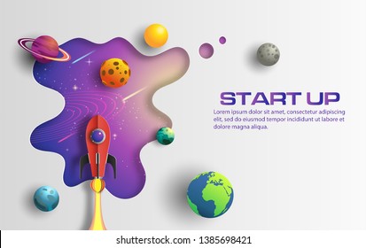 Paper art style of rocket flying in space, start up concept, design banner template, flat-style vector illustration.