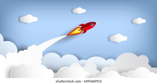Paper art style of rocket flying over the sky while flying above a cloud. business finance success