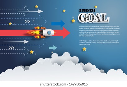 Paper art style of rocket flying to the target, business goal concept, flat-style vector illustration.