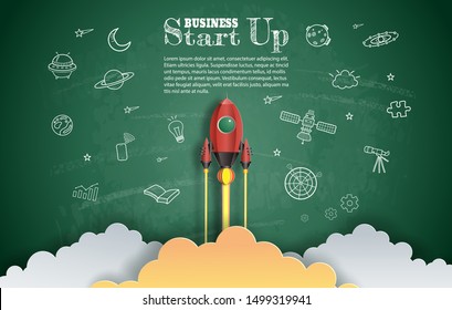 Paper art style of rocket flying with chalkboard background, space and start up doodles, business concept, flat-style vector illustration.