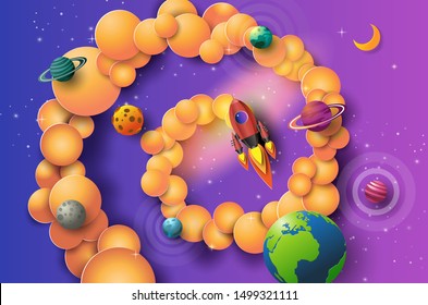 Paper art style of rocket flying in space, start up concept, flat-style vector illustration.