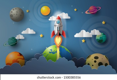 Paper Art Style Of Rocket Flying In Space, Start Up Concept, Flat-style Vector Illustration.