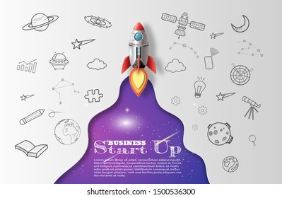 Paper art style of rocket flying in space, start up doodles, business concept, flat-style vector illustration.