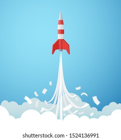 Paper art style of rocket flying to the sky through the clouds, Start up business concept, Vector illustration