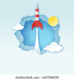 Paper art style of rocket flying to the sky through the clouds, Start up business concept, Vector illustration