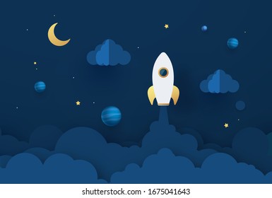 Paper art style of rocket flying over the earth, start up concept, flat-style vector illustration Night sky, shining stars, moon, planets, fluffy clouds.