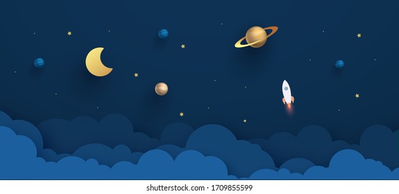 Paper art style of rocket flying in space, start up concept, flat-style vector illustration.