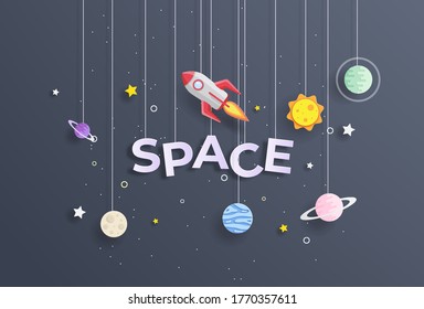 Paper art style of rocket flying in space, start up concept, flat-style vector illustration.