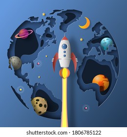 Paper art style of rocket flying in space, start up concept, design banner template, flat-style vector illustration.