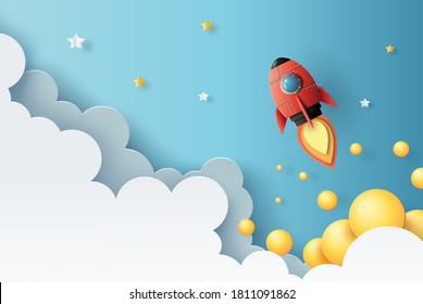 Paper art style of rocket flying in space, start up concept, design banner template, flat-style vector illustration.