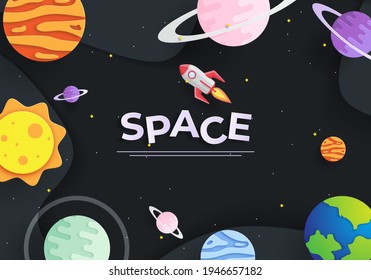 Paper art style of rocket flying in space, start up concept, flat-style vector illustration.