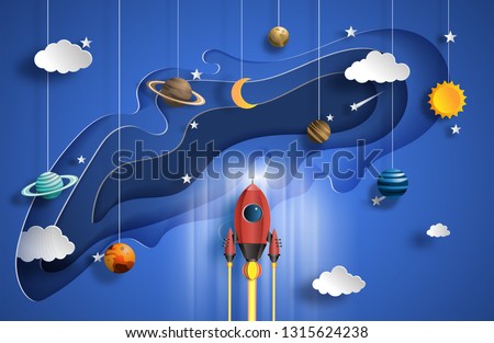 Paper art style of rocket flying in space, start up concept, flat-style vector illustration.