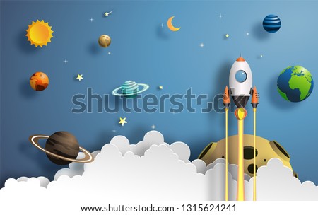 Paper art style of rocket flying in space, start up concept, flat-style vector illustration.