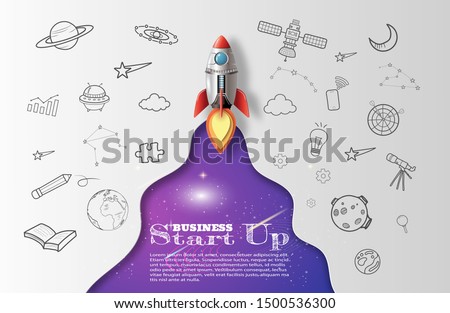 Paper art style of rocket flying in space, start up doodles, business concept, flat-style vector illustration.