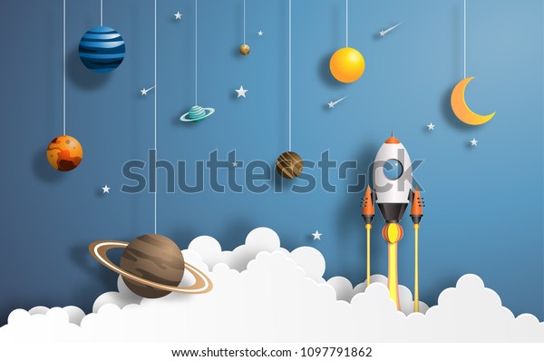 Бумажный художественный стиль полета ракеты в космосе, концепция запуска, векторная иллюстрация в плоском стиле.