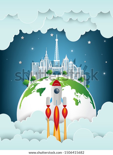 Paper art style of rocket flying over the sky,\
flat-style vector illustration. start up concept.Green city save\
the world
