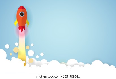 Paper art style of Rocket launch in the sky on a blue background with copy space, Startup Concept,  Vector Illustration for Web Page, Banner, Social Media 