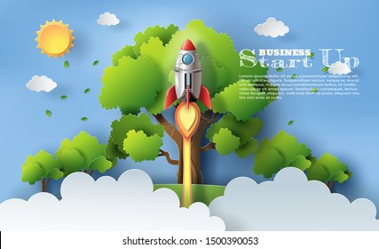 Paper art style of rocket launching into space, start up business concept, paper cut and craft style, flat-style vector illustration.