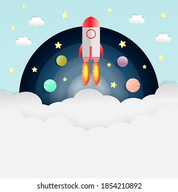 Paper art style of rocket launching in space among stars and planets. paper cut rocket and solar system concept.