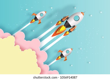 Paper art style of rockets flying in space, start up concept, flat-style vector illustration.