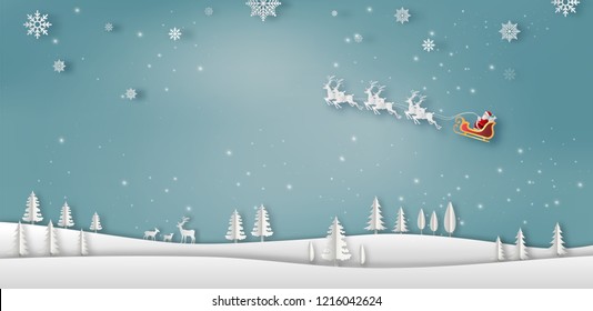 Paper art style of Santa Claus with reindeer sleigh flying above the sky during Christmas, Merry Christmas and Happy New Year concept.