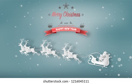 Paper art style of Santa Claus with reindeer sleigh flying above the sky during Christmas, Merry Christmas and Happy New Year concept.